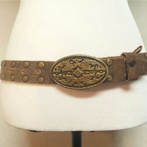 VINTAGE Western Leather Metal Buckle Belt Medium - Picture 1 of 8